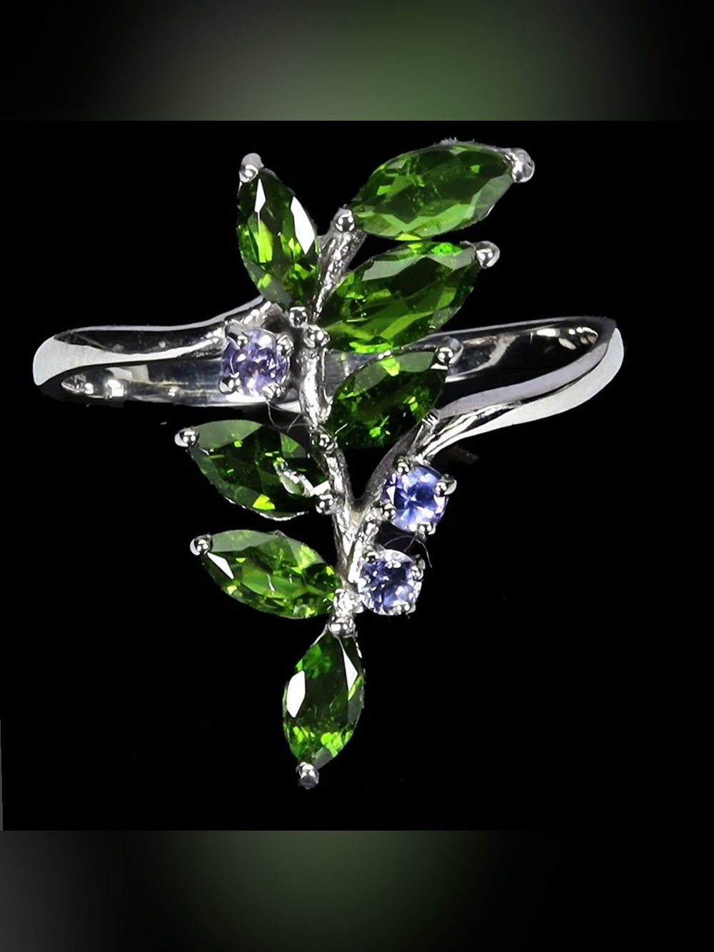 Stunning Natural Chrome diopside and Tanzanite 925 Sterling Silver Ring Size 7.5